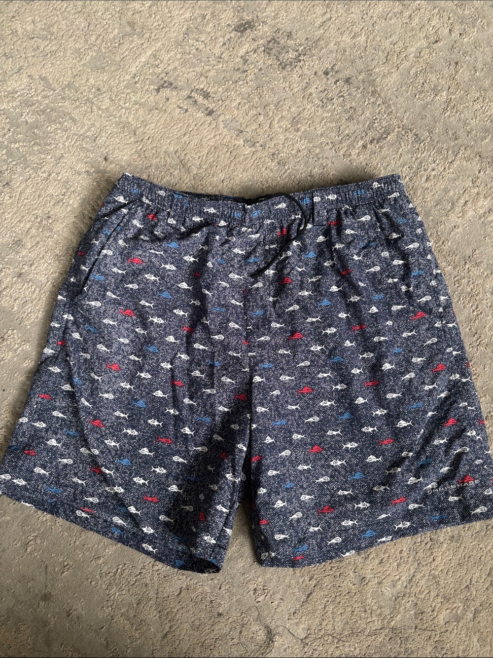 Columbia Navy Fish-Print Swim Trunks with Red & White Accents